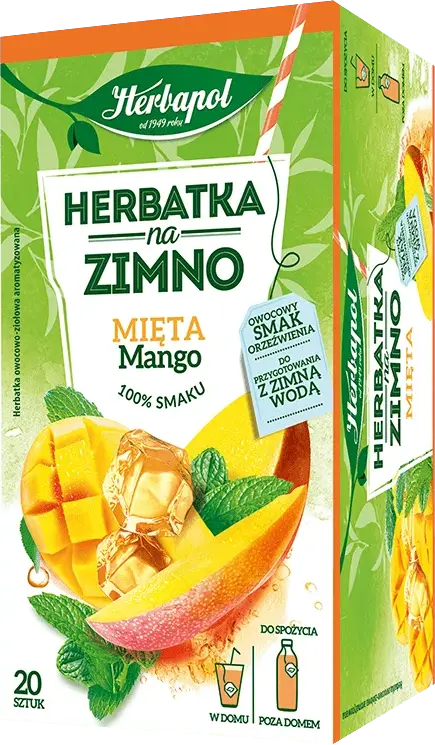 Herbata owocowo-ziołowa w kopertach Herbapol, na zimno, mięta z mango, 20 sztuk x 1.8g