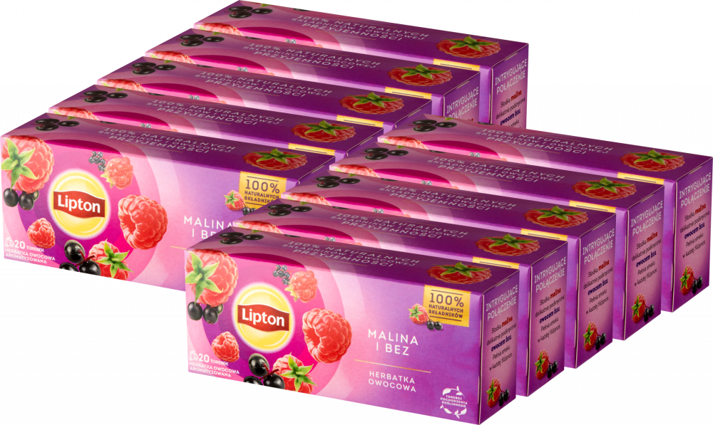 10x Herbata owocowa w torebkach Lipton, malina i bez, 20 sztuk x 1.6g