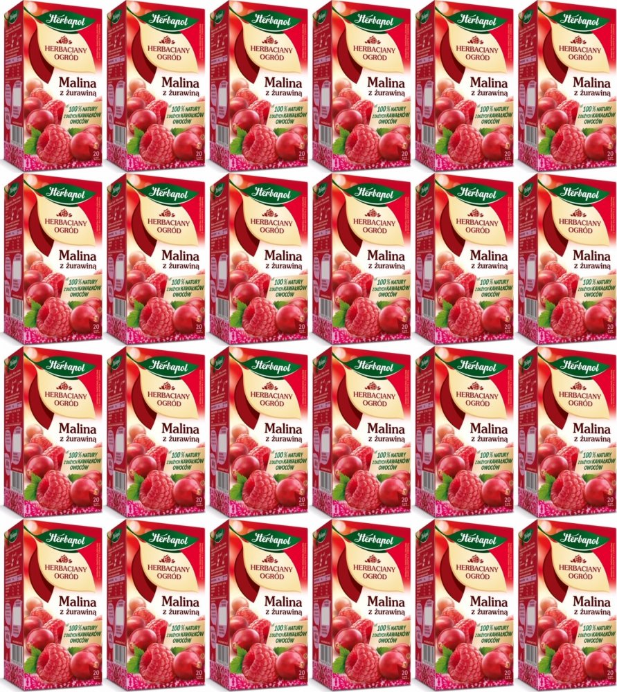24x Herbata owocowa w torebkach Herbapol Herbaciany Ogród, malina i żurawina, 20 sztuk x 3g