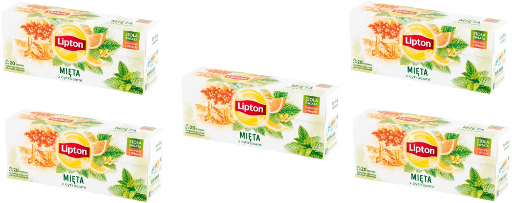 5x Herbata ziołowa w torebkach Lipton, mięta z cytrusami, 20 sztuk x 1.3g
