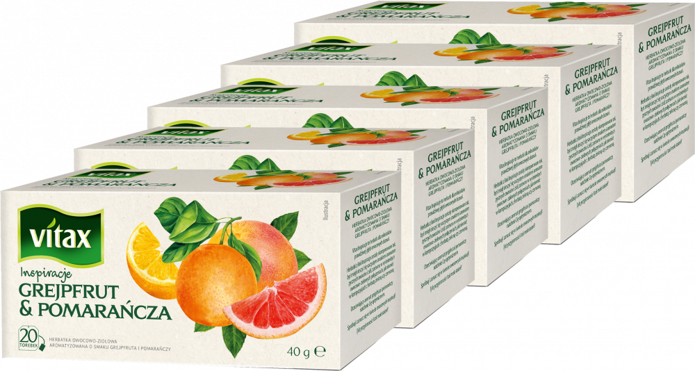 5x Herbata owocowa w torebkach Vitax Inspirations, grejpfrut i pomarańcza, 20 sztuk x 2g