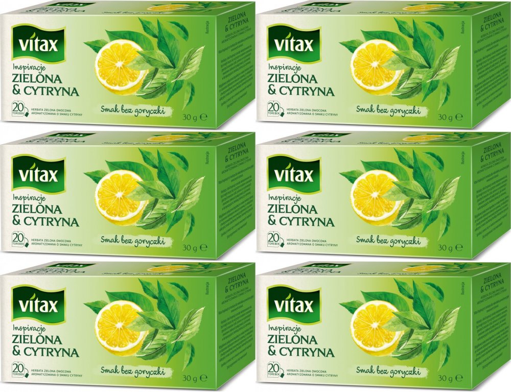 6x Herbata zielona smakowa w torebkach Vitax Inspirations, cytryna, 20 sztuk x 1.5g