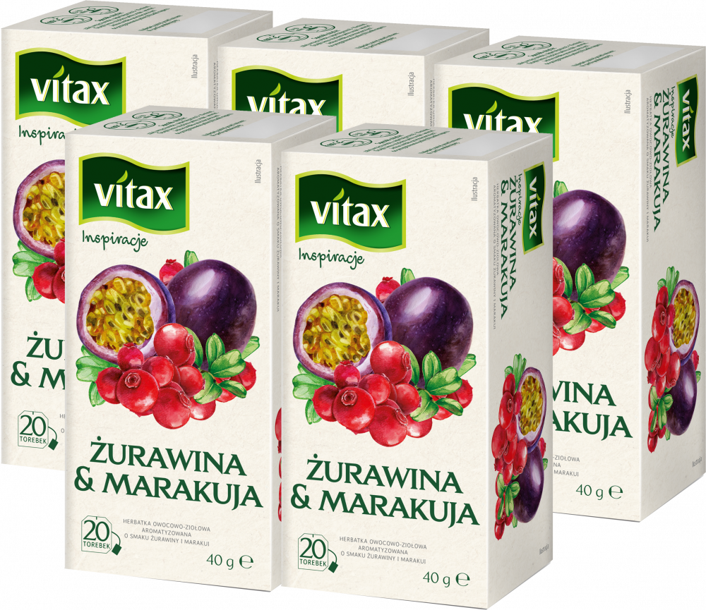 5x Herbata owocowa w torebkach Vitax Inspirations, żurawina i marakuja, 20 sztuk x 2g
