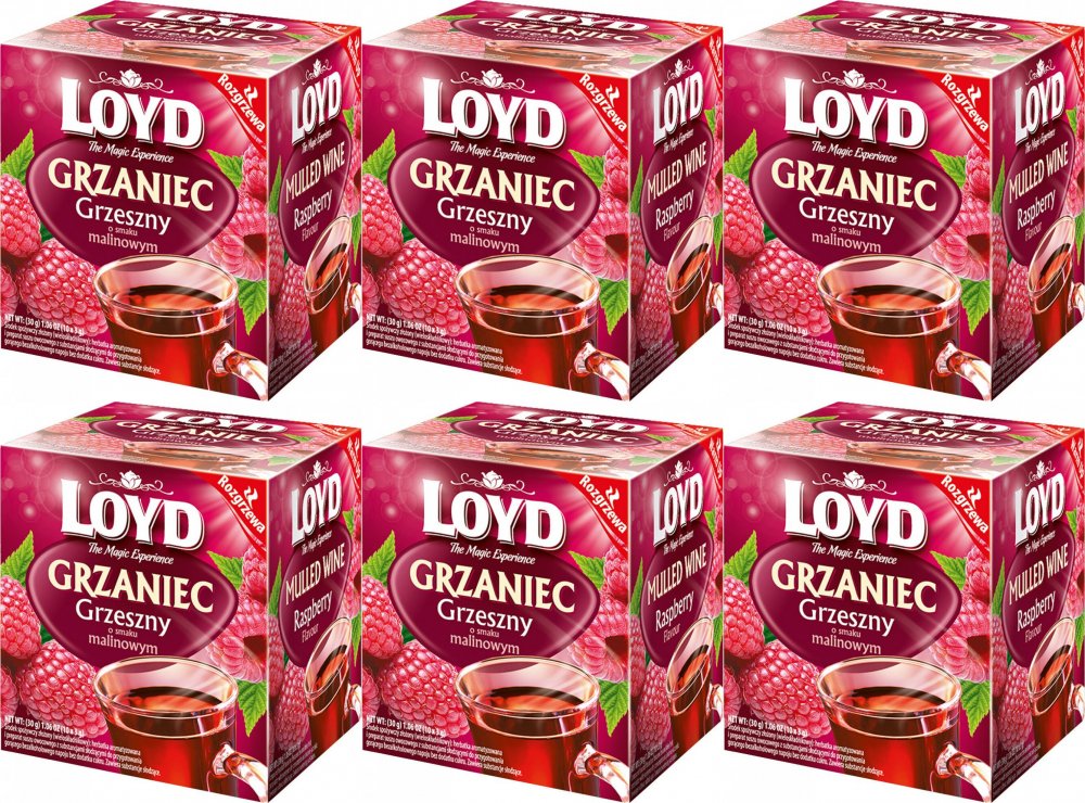 6x Herbata czarna aromatyzowana w kopertach Loyd Grzaniec Grzeszny, malinowy, 10 sztuk x 3g