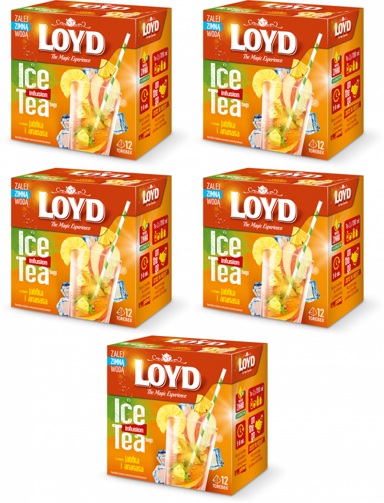5x Herbata owocowa w piramidkach Loyd Ice Tea, jabłko/ananas, 12 sztuk x 2.5g