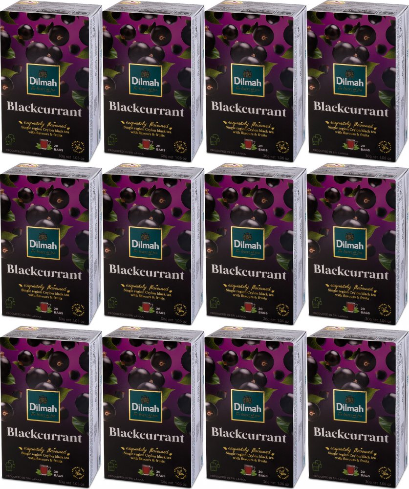 12x Herbata czarna aromatyzowana w torebkach Dilmah, czarna porzeczka, 20 sztuk x 1.5g