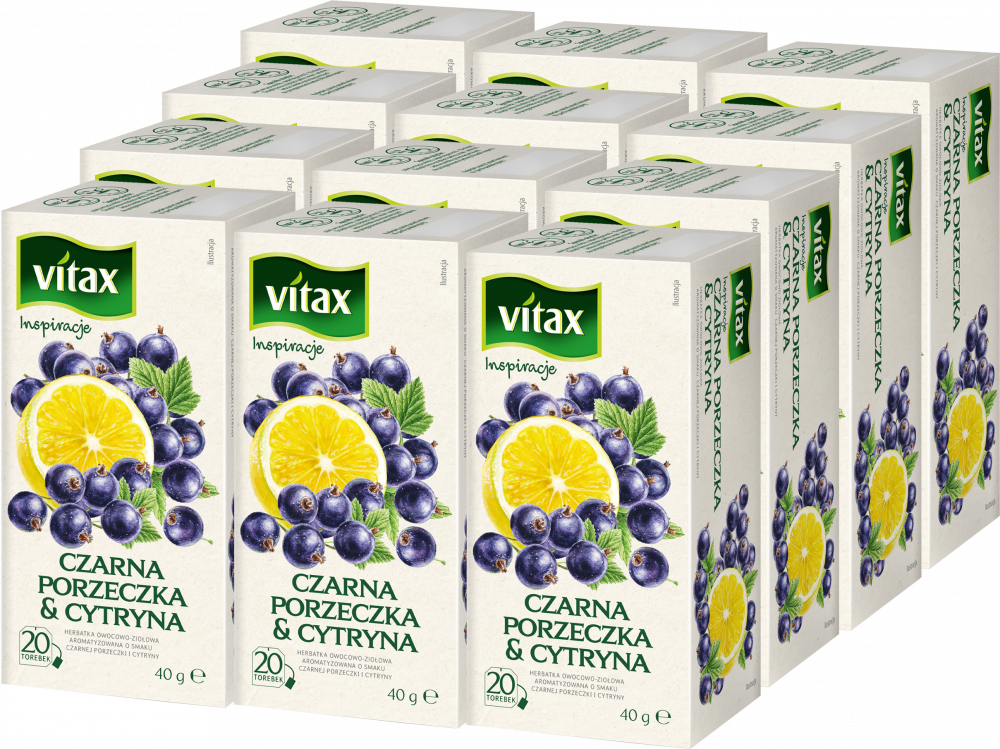 12x Herbata owocowa w torebkach Vitax Inspirations, czarna porzeczka & cytryna, 20 sztuk x 2g