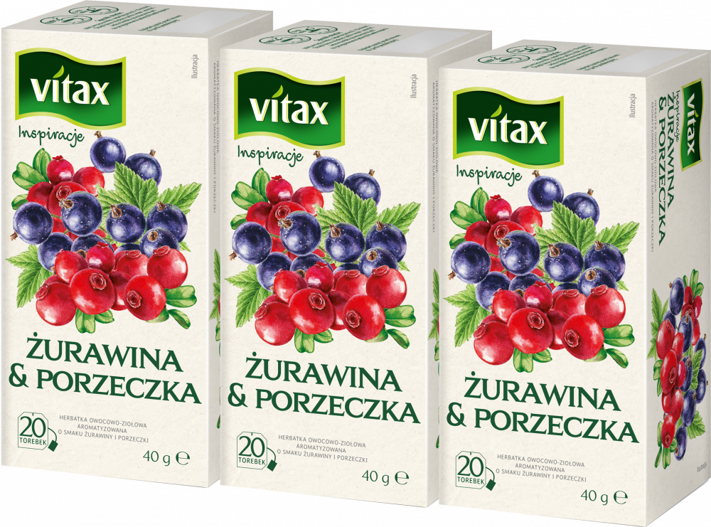 3x herbata owocowa w torebkach Vitax Inspirations, żurawina i porzeczka, 20 sztuk x 2g