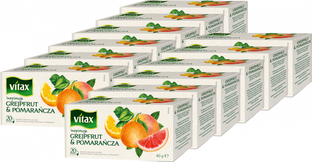 12x Herbata owocowa w torebkach Vitax Inspirations, grejpfrut i pomarańcza, 20 sztuk x 2g