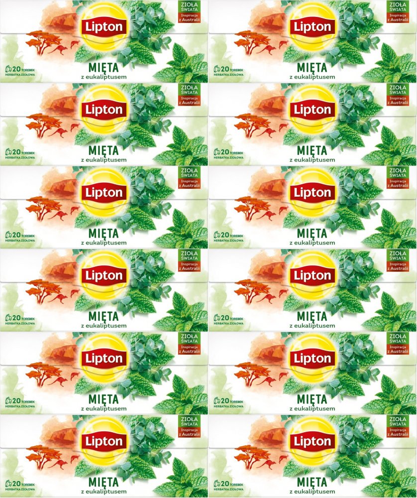 12x Herbata ziołowa w torebkach Lipton Zioła Świata, mięta z eukaliptusem, 20 sztuk x 1.3g