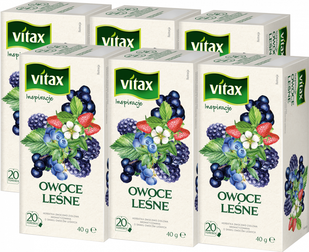 6x Herbata owocowa w torebkach Vitax Inspirations, owoce leśne, 20 sztuk x 2g