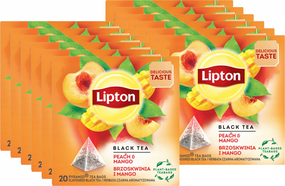 12x Herbata czarna aromatyzowana w piramidkach Lipton, brzoskwinia z mango, 20 sztuk x 1.2g