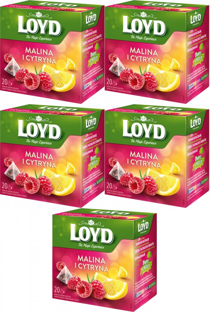 5x Herbata owocowa w piramidkach Loyd, malina i cytryna, 20 sztuk x 2g