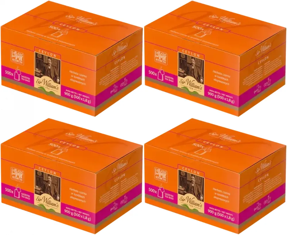 4x Herbata czarna w torebkach Sir William's London Ceylon Black, 500 sztuk x 1.8g