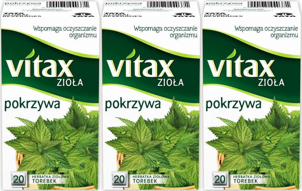 3x Herbata ziołowa w torebkach Vitax, pokrzywa, 20 sztuk x 1.5g
