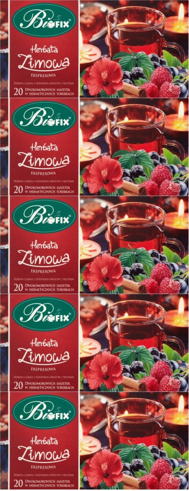 5x Herbata czarna aromatyzowana w kopertach BiFix Zimowa, 20 sztuk x 2g