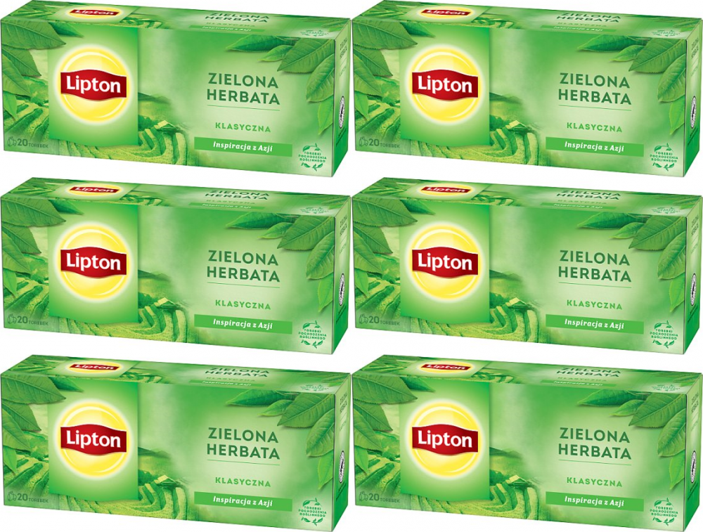 6x Herbata zielona w torebkach Lipton Green Tea Classic, 20 sztuk x 1.3g