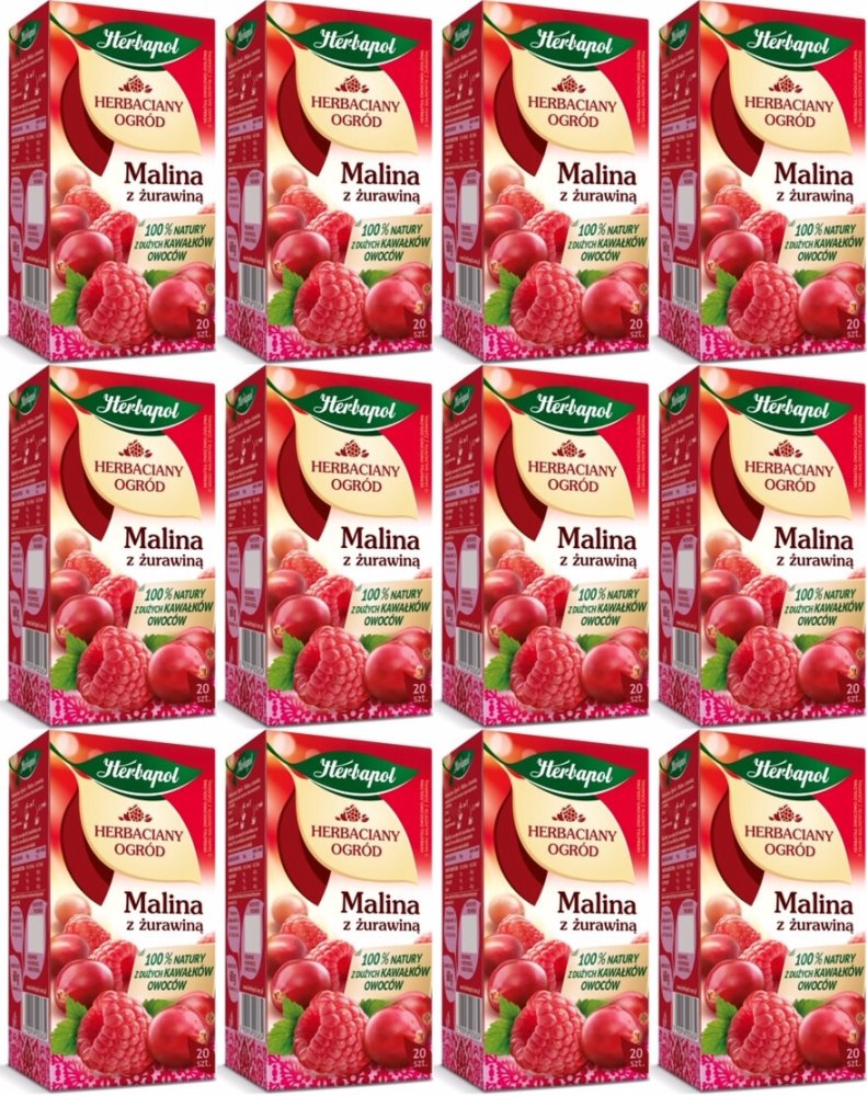 12x Herbata owocowa w torebkach Herbapol Herbaciany Ogród, malina i żurawina, 20 sztuk x 3g