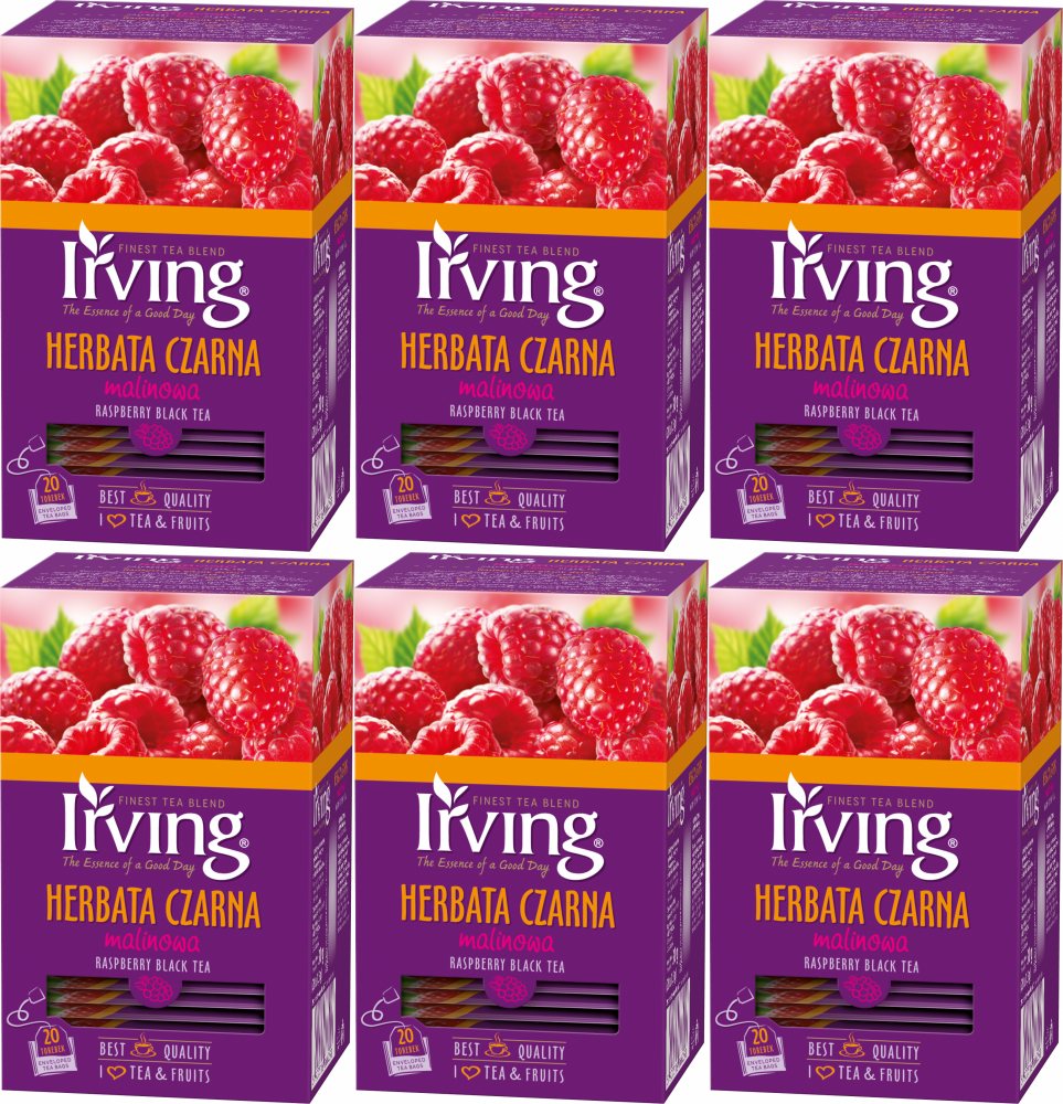 6x Herbata czarna aromatyzowana w kopertach Irving, malina, 20 sztuk x 1.5g
