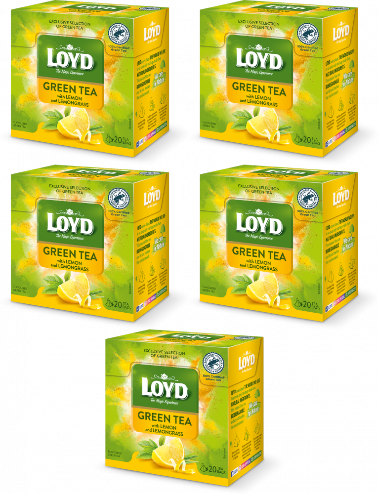 5x Herbata zielona smakowa w piramidkach Loyd, trawa cytrynowa/cytryna, 20 sztuk x 1.5g