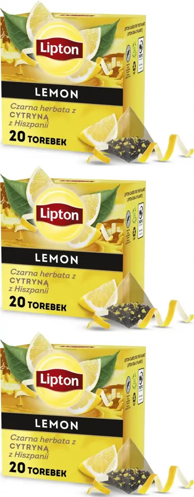 3x Herbata czarna w piramidkach Lipton, z cytryną z Hiszpanii, 20 sztuk x 1.7g