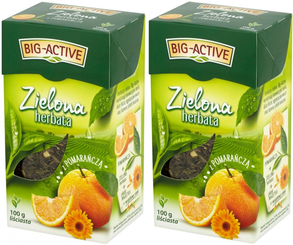 2x herbata zielona smakowa liściasta Big-Active, z pomarańczą, 100g