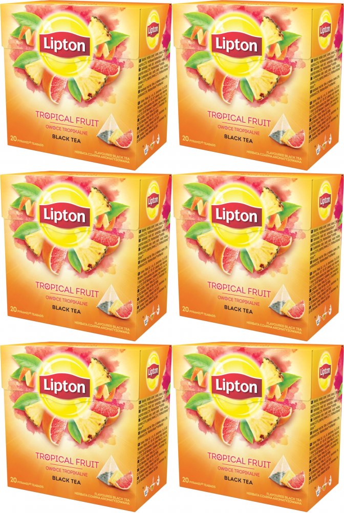 6x Herbata czarna aromatyzowana w piramidkach Lipton, owoce tropikalne, 20 sztuk x 1.2g