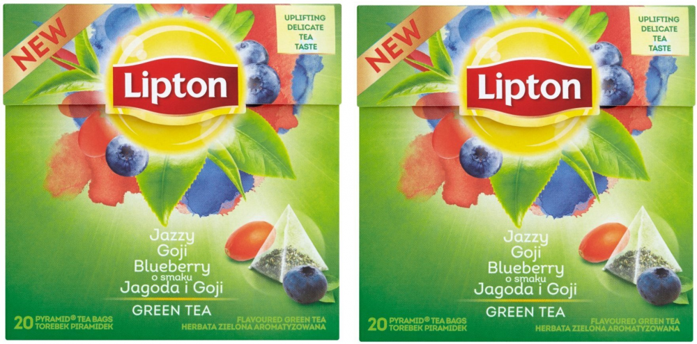 2x herbata zielona smakowa w piramidkach Lipton, jagody goji, 20 sztuk x 1.4g