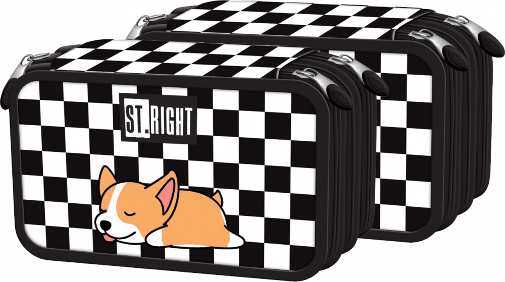 2x Piórnik szkolny St.Right PC5, 3-komorowy, z wyposażeniem, Sleepy Corgi