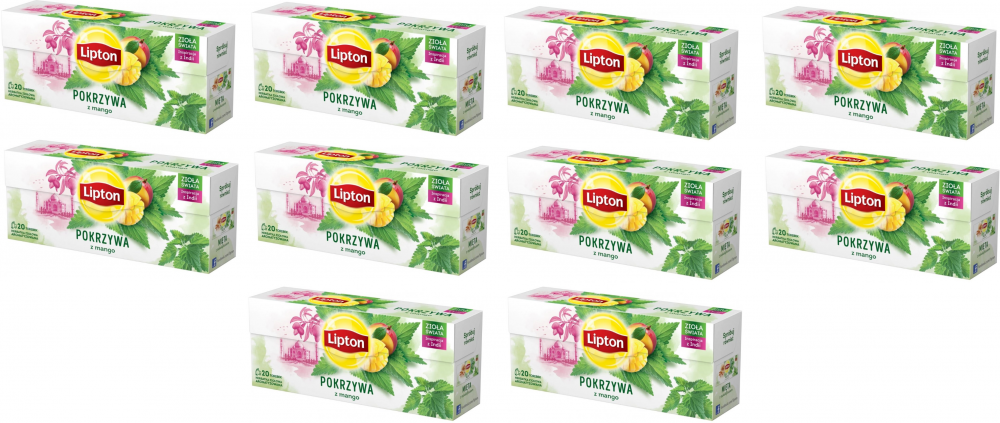 10x Herbata ziołowa w torebkach Lipton, pokrzywa z mango, 20 sztuk x 1.3g