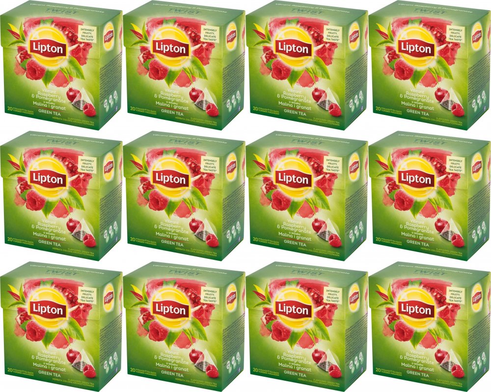 12x Herbata zielona smakowa w piramidkach Lipton, malina i granat, 20 sztuk
