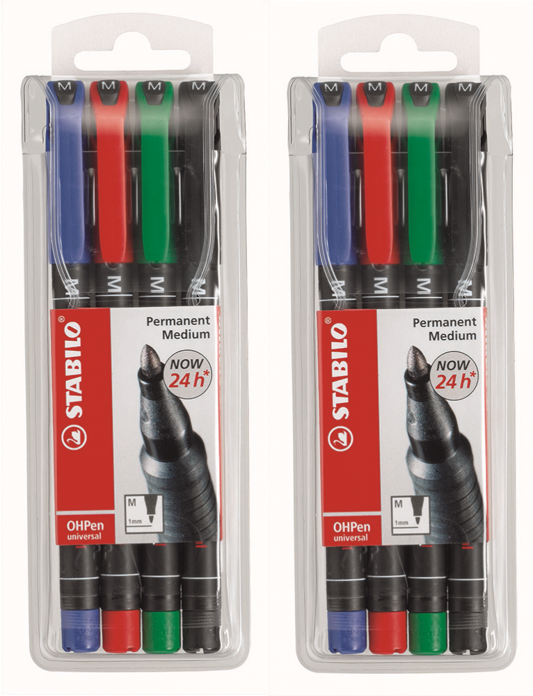 2x foliopis Stabilo, OHPen, okrągła,1 mm (M), 4 sztuki, mix kolorów