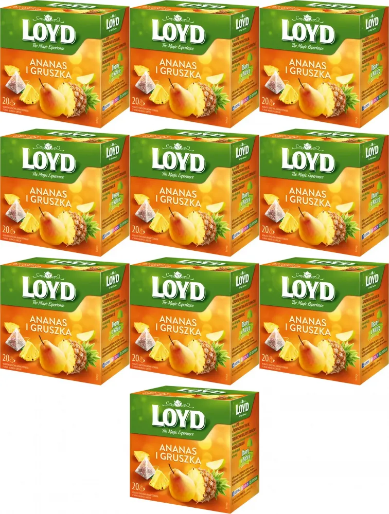 10x Herbata owocowa w piramidkach Loyd, ananas i gruszka, 20 sztuk x 2g