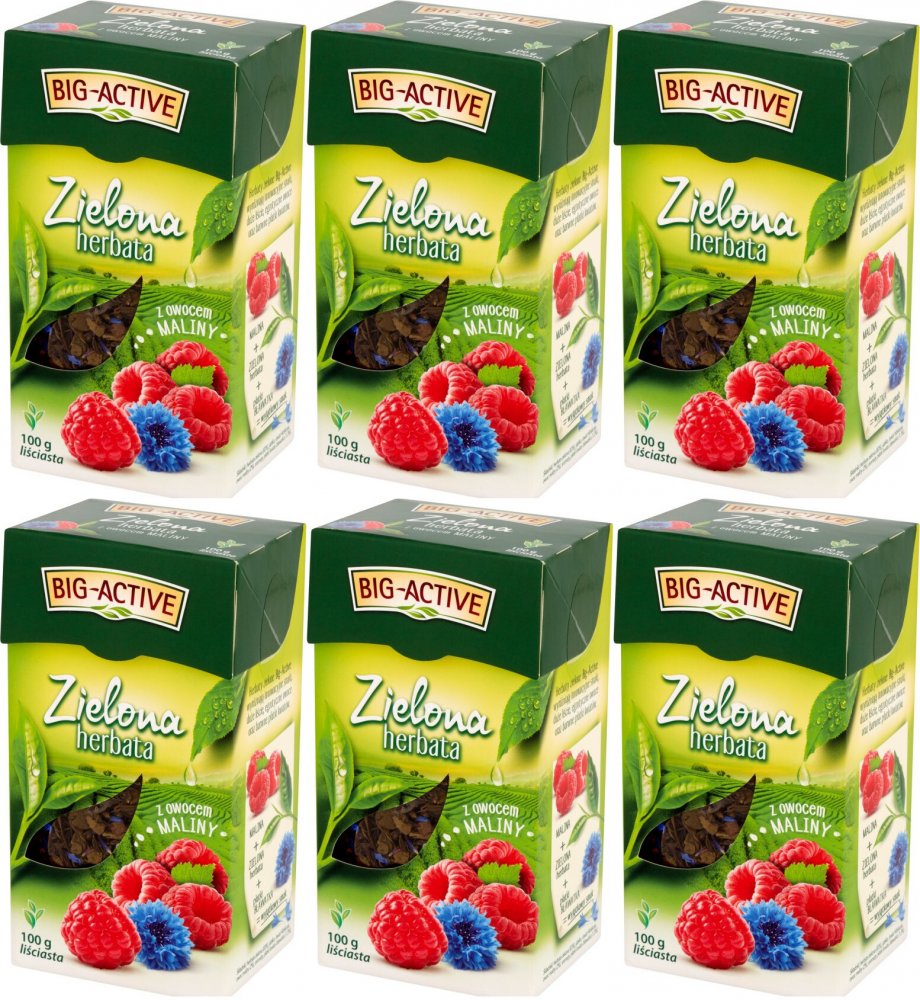 6x Herbata zielona smakowa liściasta Big-Active, z owocem maliny, 100g