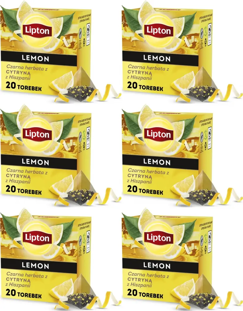 6x Herbata czarna w piramidkach Lipton, z cytryną z Hiszpanii, 20 sztuk x 1.7g