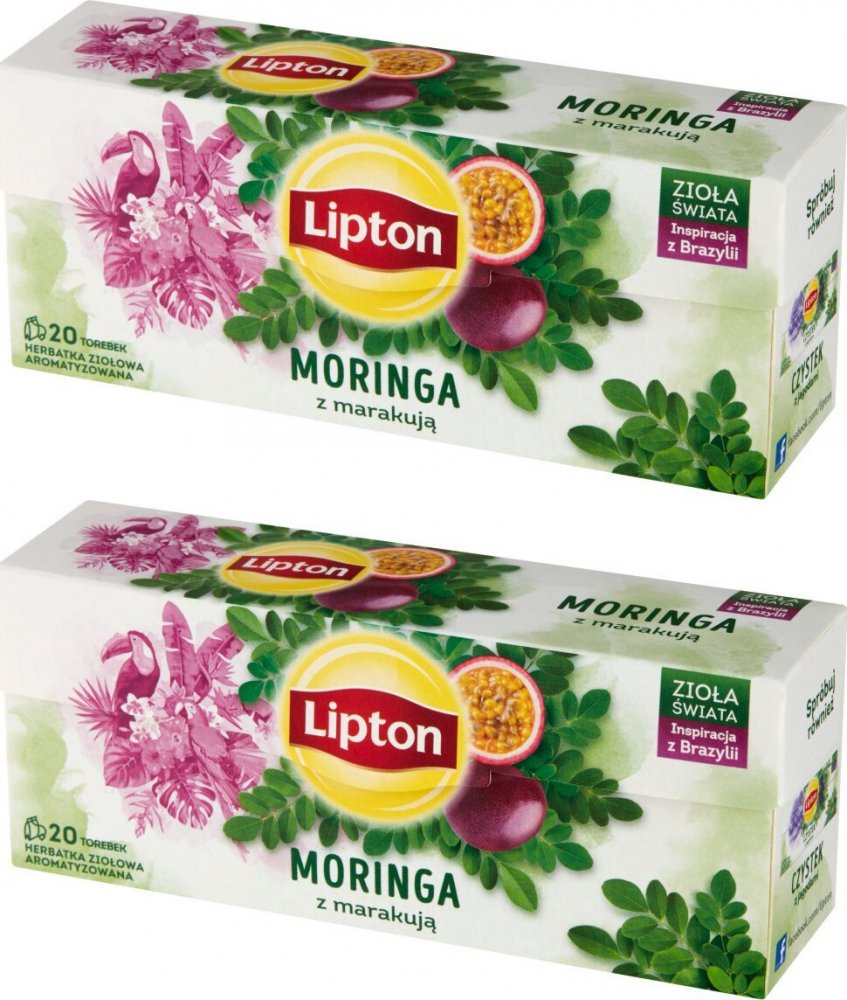 2x Herbata ziołowa w torebkach Lipton Zioła Świata, moringa z marakują, 20 sztuk x 1.3g