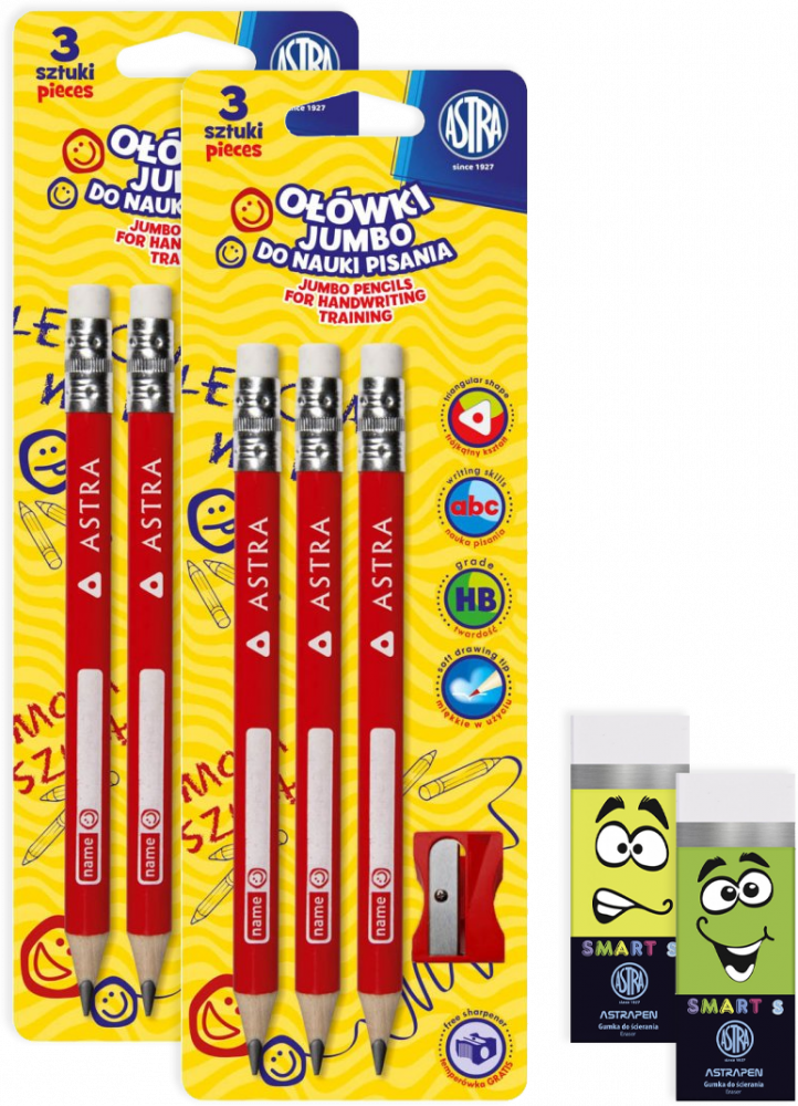 Zestaw: 2x Ołówek do nauki pisana Astra Jumbo, z gumką, HB, trójkątny, 3 sztuki, temperówka + 2x Gumka do ścierania Astra Astrapen Smart S, biały