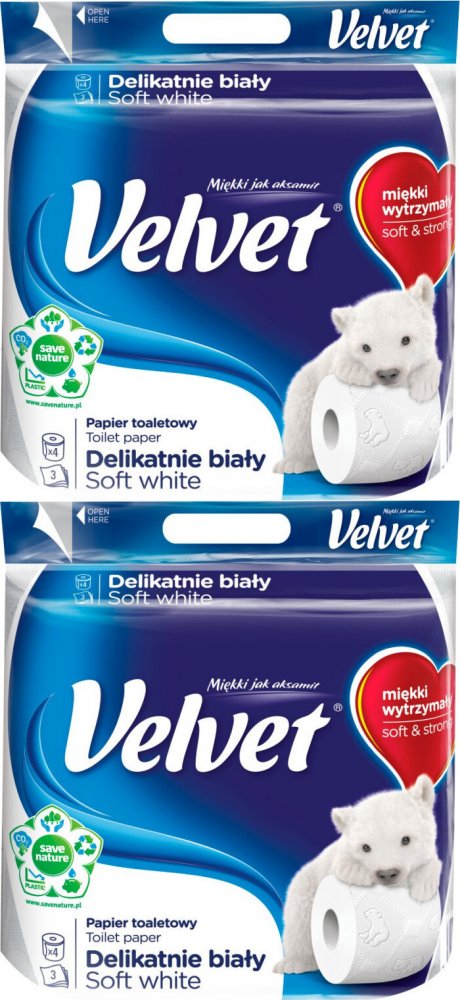 2x Papier toaletowy Velvet, 3-warstwowy, 4 rolki, delikatnie biały