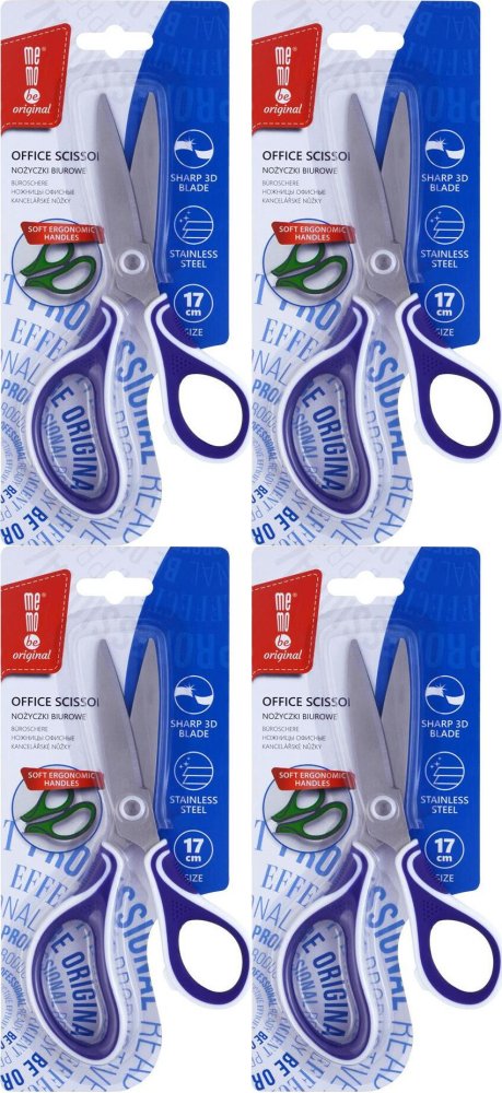 4x Nożyczki biurowe MemoBe, profilowane, ostrze 3D, 17cm, niebieski