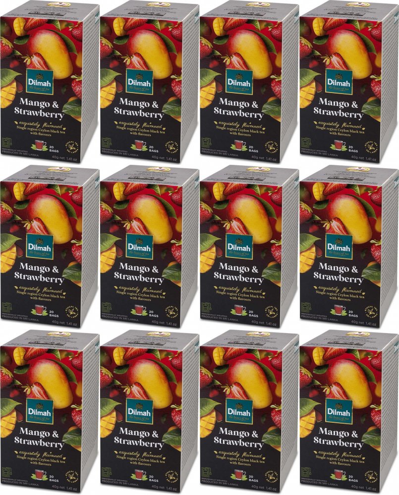 12x Herbata czarna aromatyzowana w kopertach Dilmah Mango & Strawberry, truskawki i mango, 20 sztuk x 2g