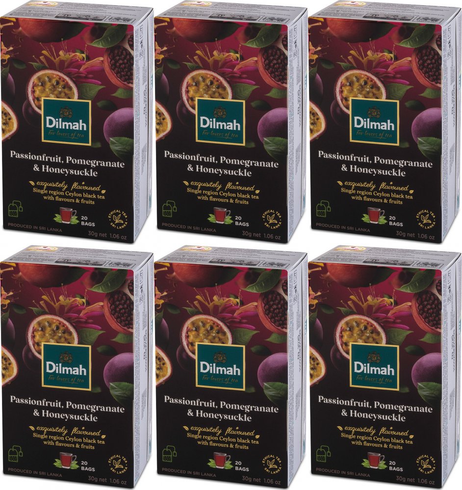 6x Herbata czarna aromatyzowana w torebkach Dilmah Passionfruit Pomegranate&Honeysuckle, granat/marakuja/wiciokrzew, 20 sztuk x 1.5g
