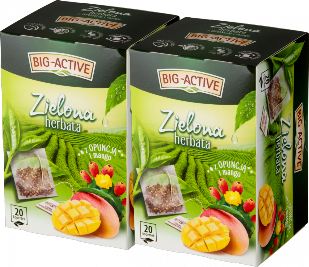 2x Herbata zielona smakowa w kopertach Big-Active, opuncja + mango, 20 sztuk x 1.7g