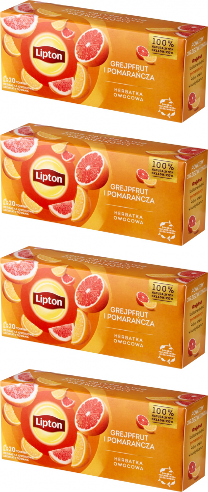4x Herbata owocowa w torebkach Lipton, grejfrut i pomarańcza, 20 sztuk x 1.7g