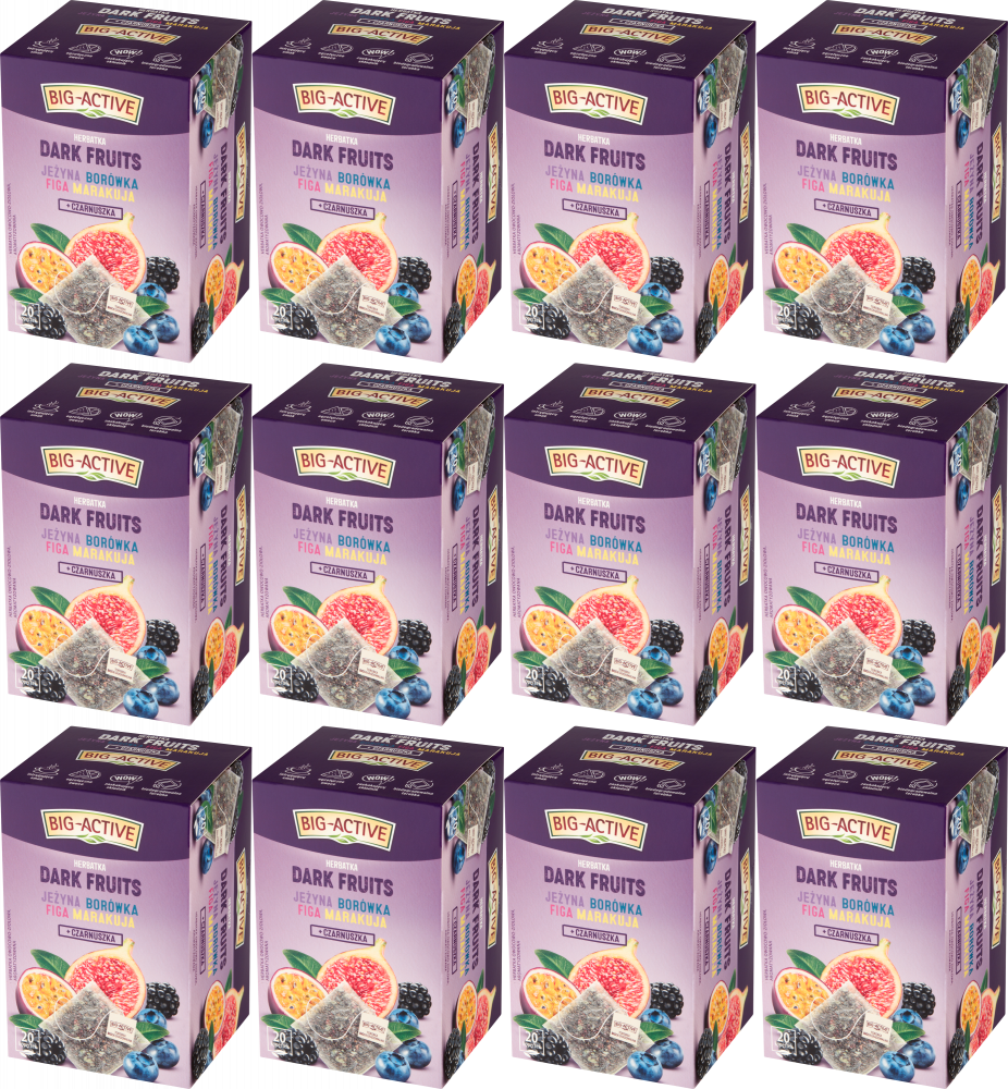 12x Herbata owocowo-ziołowa w kopertach Big Active Dark Fruits, jeżyna/borówka/figa/marakuja + czarnuszka, 20 sztuk x 2.25g