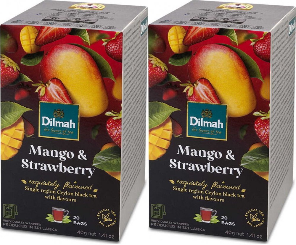 2x herbata czarna aromatyzowana w kopertach Dilmah Mango & Strawberry, truskawki i mango, 20 sztuk x 2g