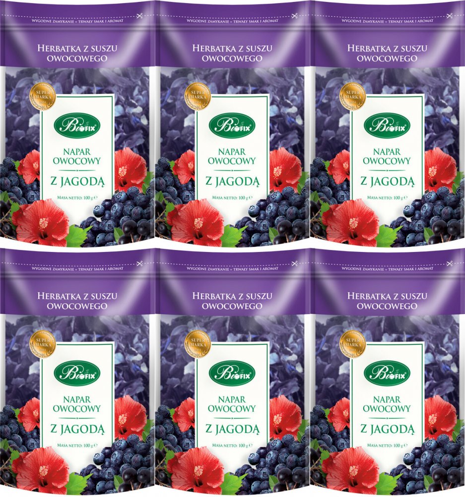 6x Herbata owocowa z suszu BiFix, owoce jagody, 100g