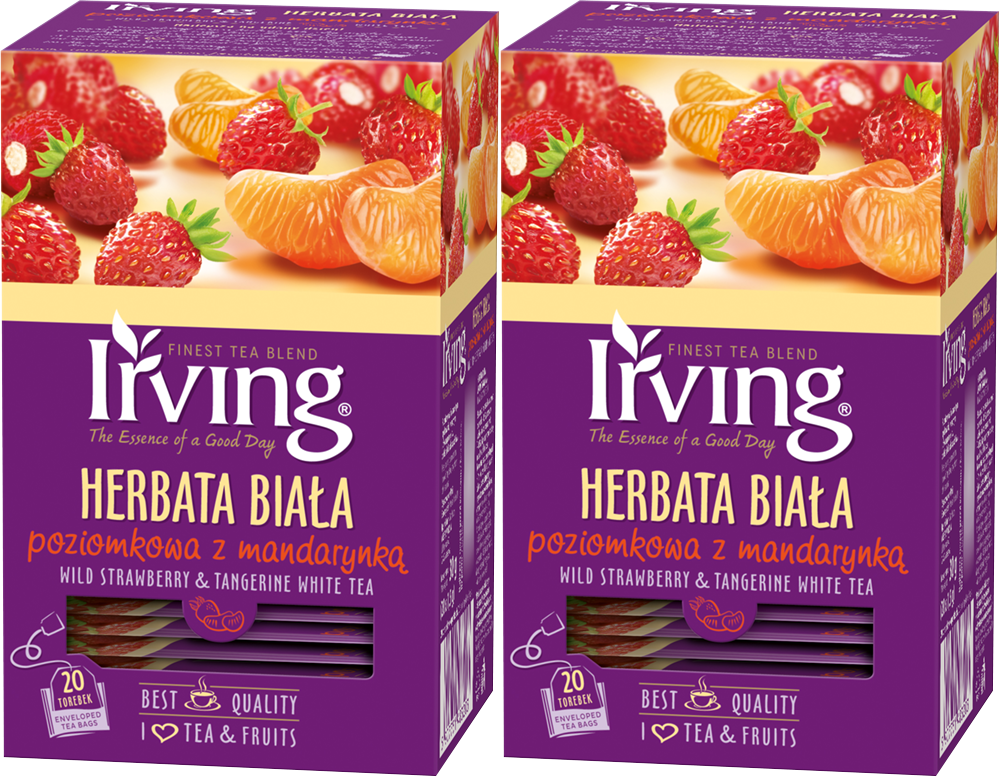2x Herbata biała smakowa w kopertach Irving, poziomka z mandarynką, 20 sztuk x 1.5g