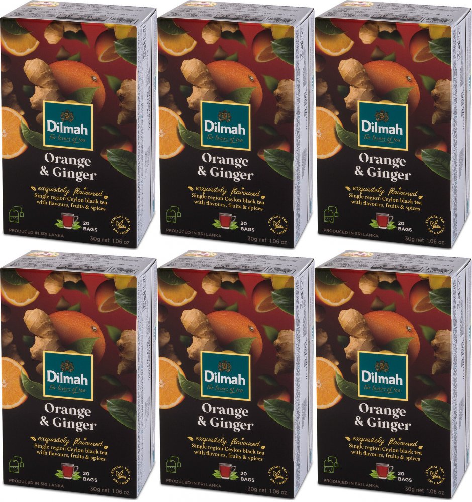 6x Herbata czarna aromatyzowana w torebkach Dilmah, Pomarańcza i Imbir, 20 sztuk x 1.5g