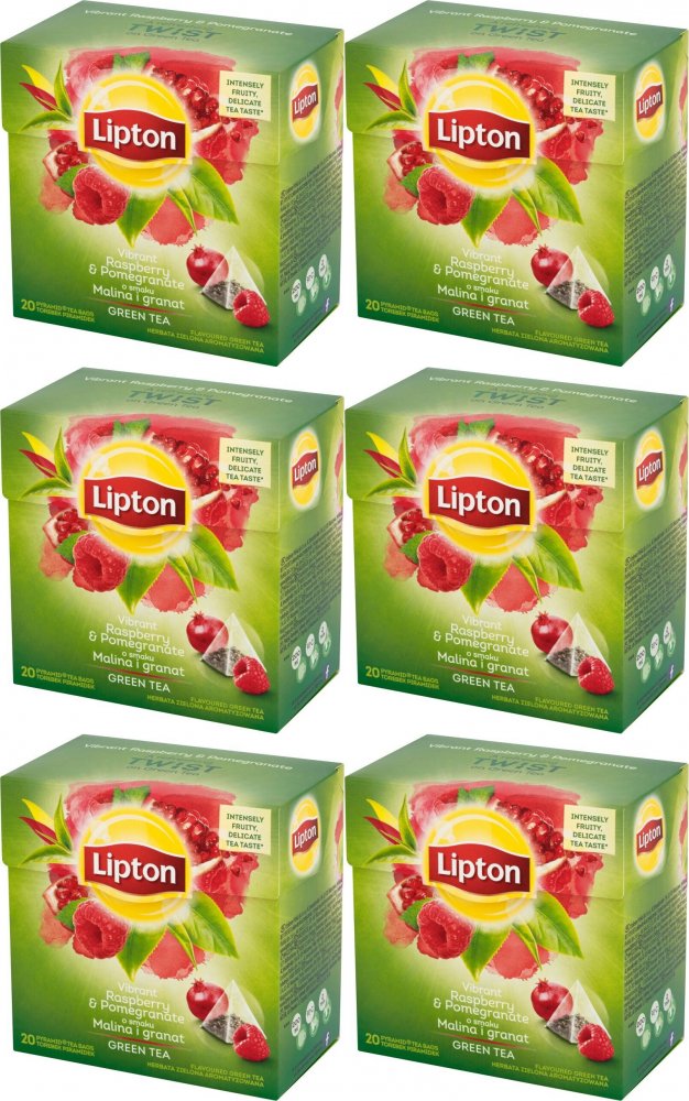 6x Herbata zielona smakowa w piramidkach Lipton, malina i granat, 20 sztuk
