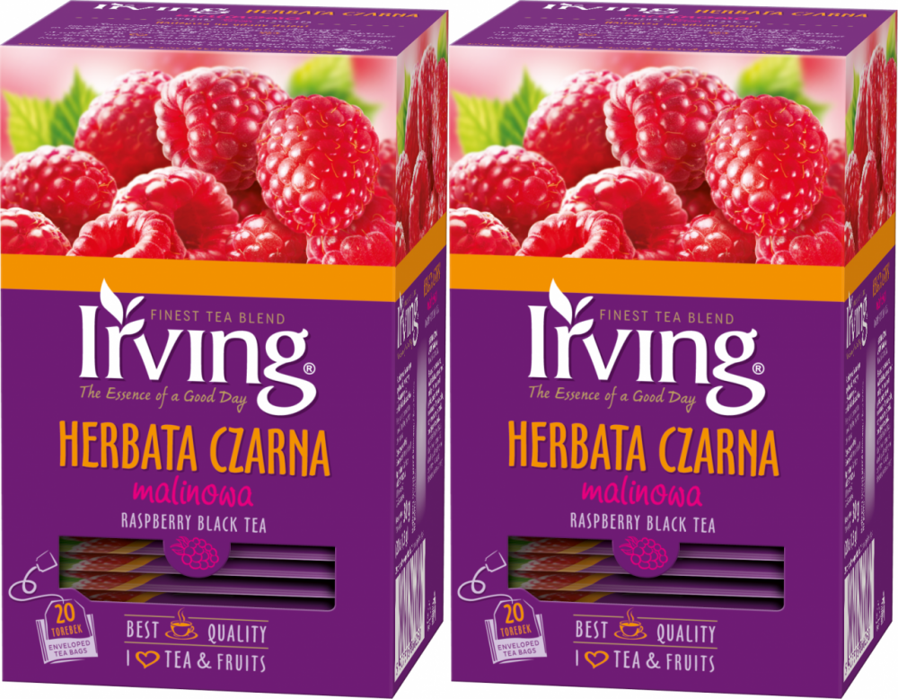 2x Herbata czarna aromatyzowana w kopertach Irving, malina, 20 sztuk x 1.5g